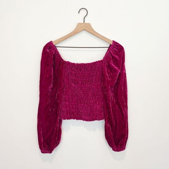 Anthropologie Magenta Pink Rose Smocked Velvet Puff Sleeve Peasant Blouse Ruffle - Picture 3 of 8
